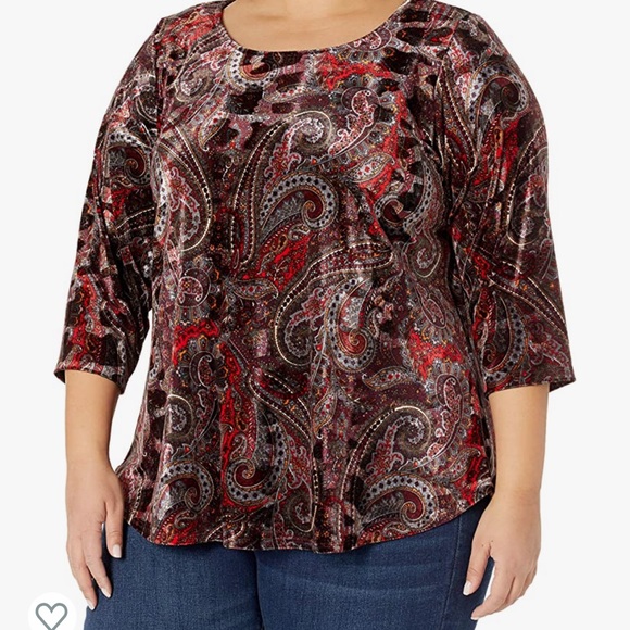 Karen Kane Velvet Burn Paisley Print Stretch Jewel Neck 3/4 Length Sleeve Top - Picture 2 of 8